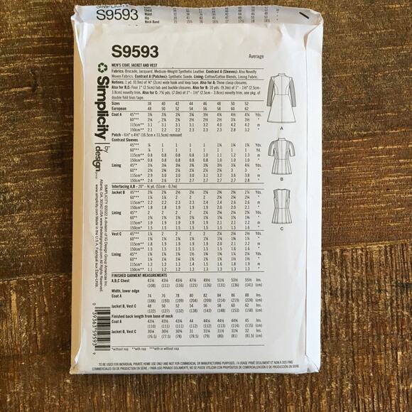 Simplicity Sewing Pattern S9593 Mens Coat Vest Medieval Renaissance 38-44 UNCUT - Picture 2 of 2